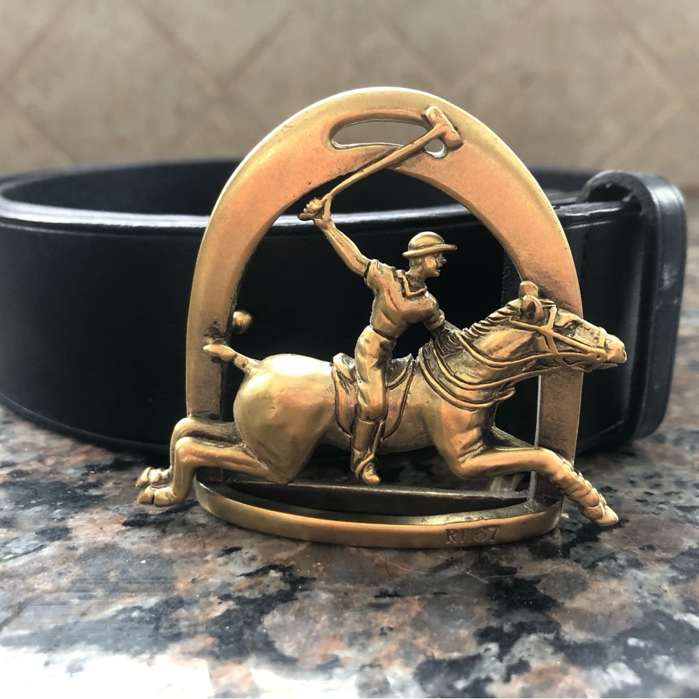 Polo Ralph Lauren men’s 34 32 30 brass equestrian black leather belt Italy